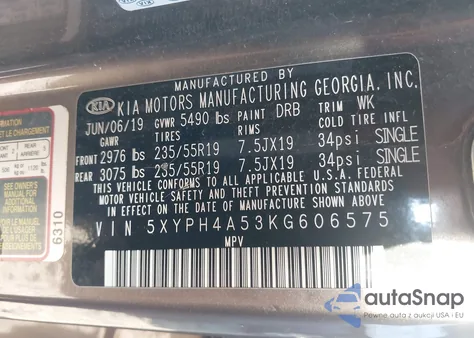 2019 Kia Sorento 3.3L Ex Sport z USA, uszkodzony, nr VIN 5XYPH4A53KG606575